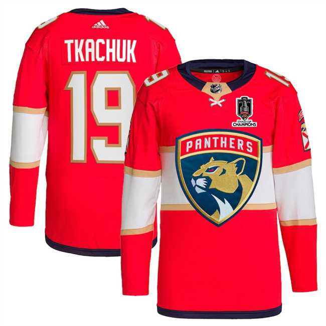 Men%27s Florida Panthers #19 Matthew Tkachuk Red Home 2024 Stanley Cup Champions Stitched Jersey Dzhi